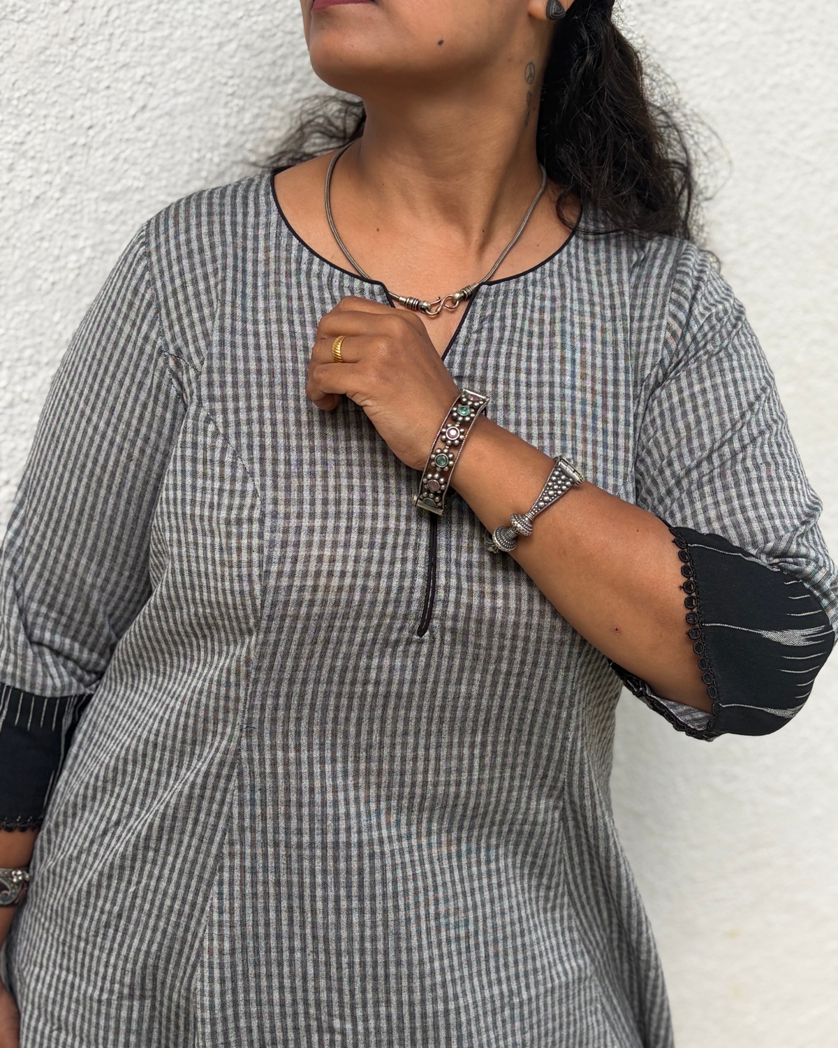 Black & grey south cotton checks kurta pant set