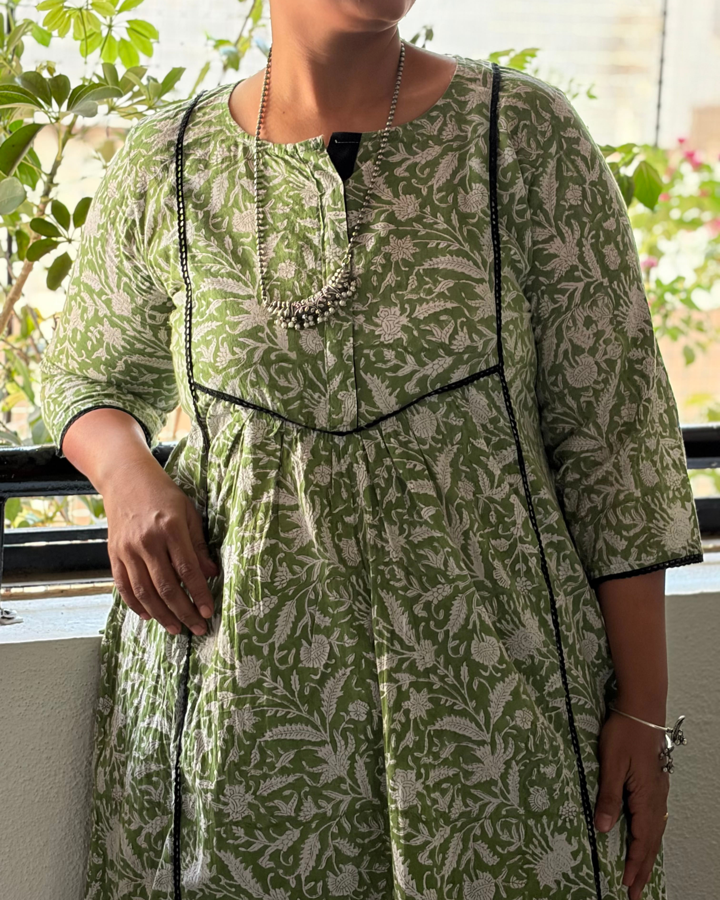 HANDBLOCK GREEN BLACK LACE KURTI