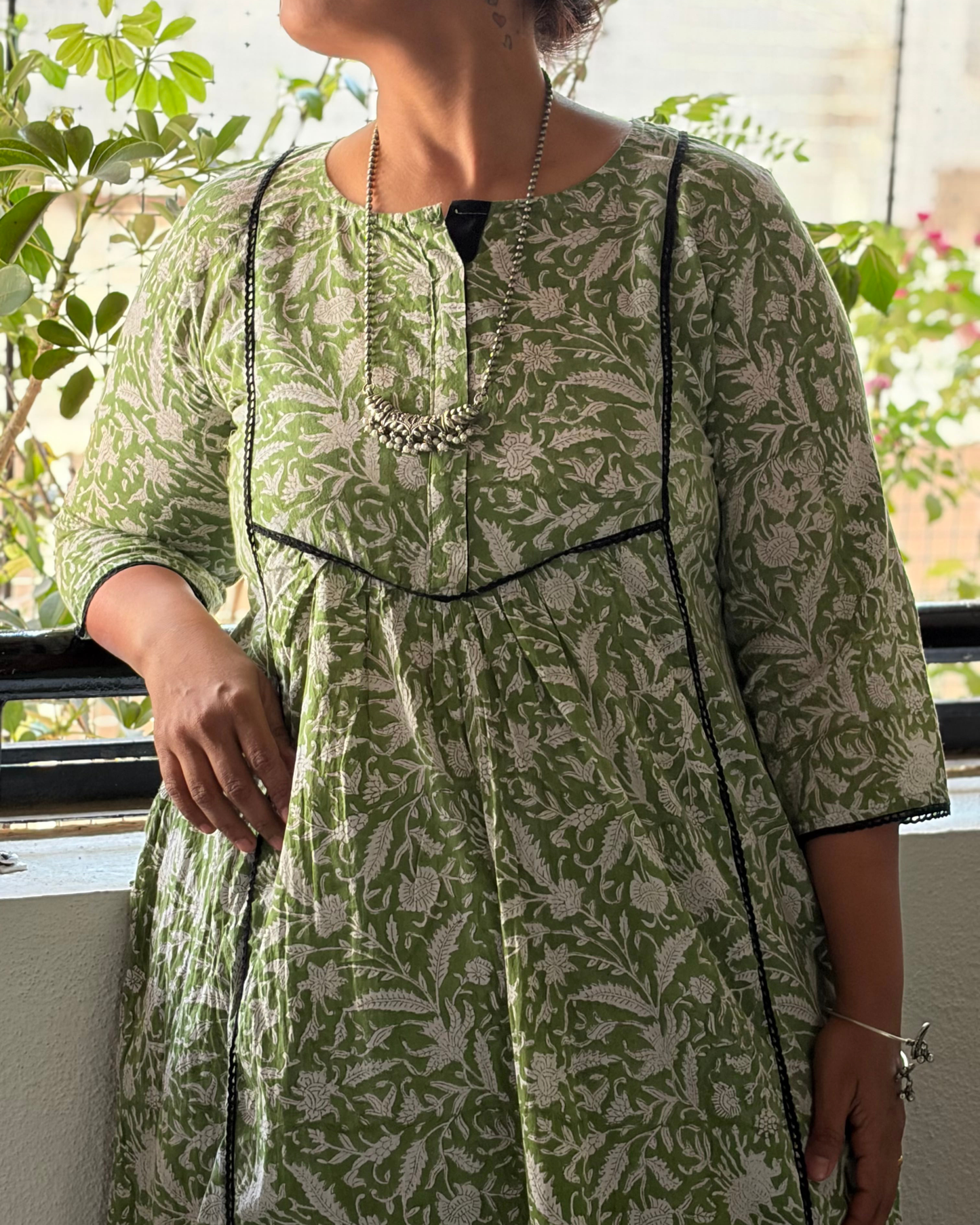 HANDBLOCK GREEN BLACK LACE KURTI