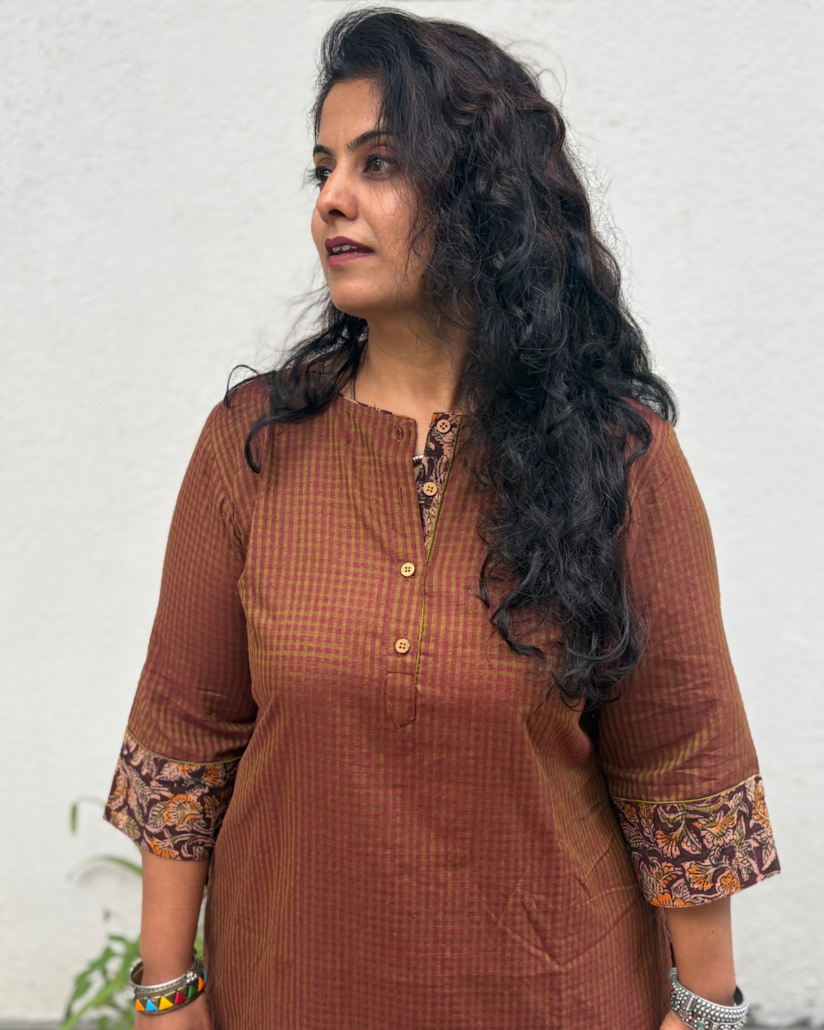 South Cotton Checks Brown Kurta Pant Set
