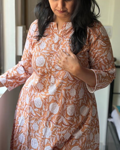 HANDBLOCK FIT & FLARE BROWN NUDE KURTI FOR WOMEN