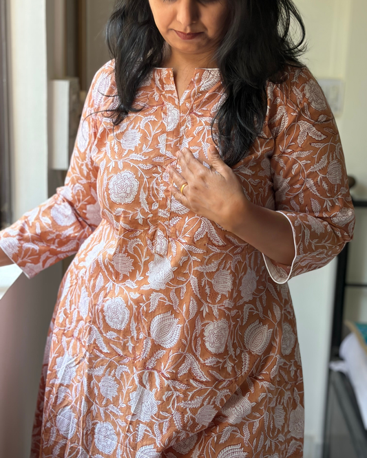 HANDBLOCK FIT & FLARE BROWN NUDE KURTI FOR WOMEN