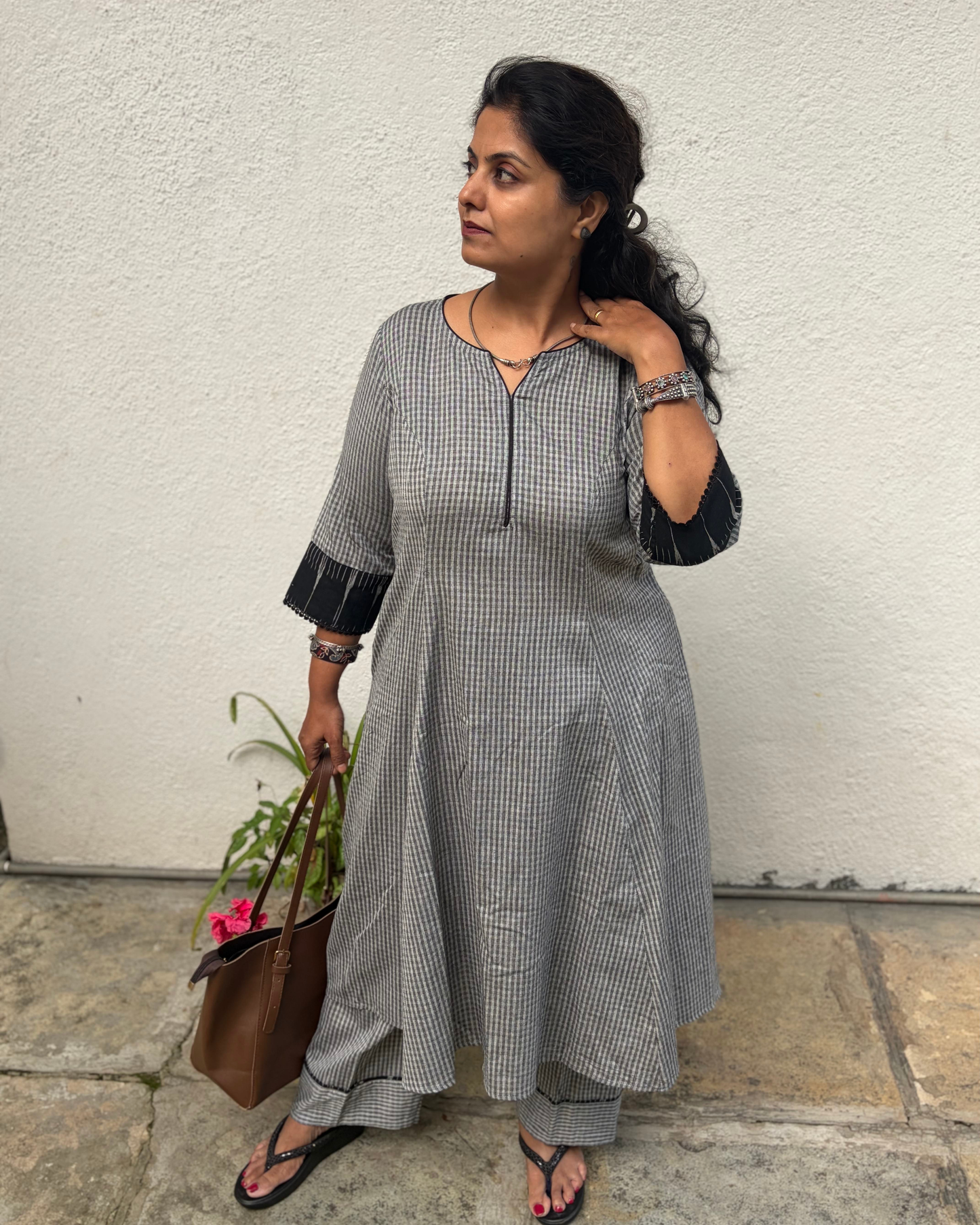 Black & grey south cotton checks kurta pant set