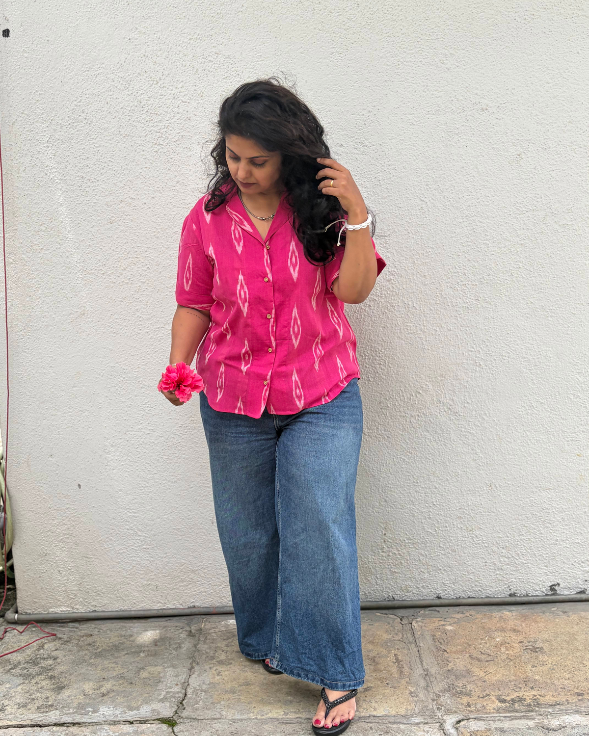 Hot Pink Ikkat Blazer Collar Shirt
