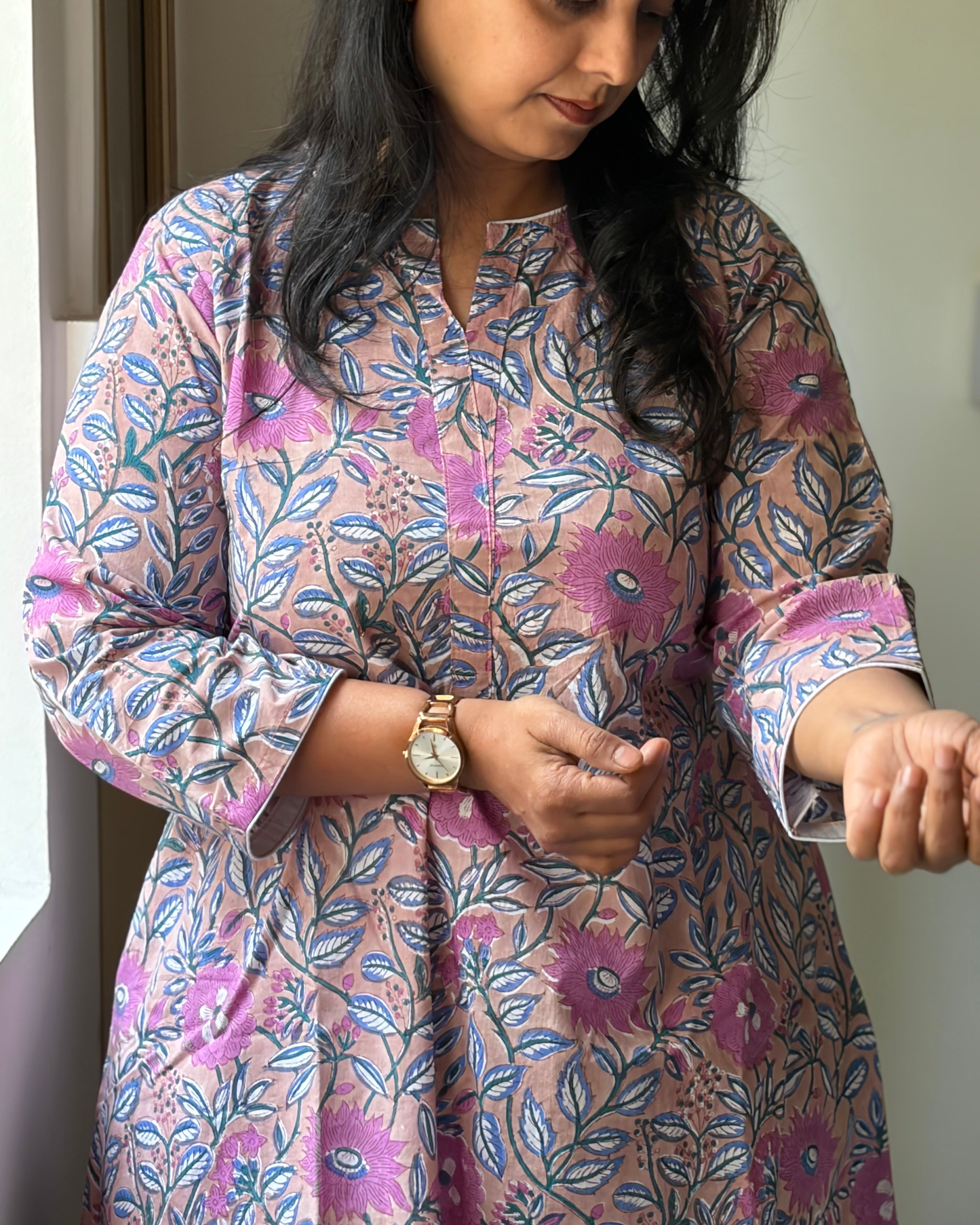 HANDBLOCK FIT & FLARE PINK NUDE KURTI FOR WOMEN