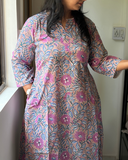 HANDBLOCK FIT & FLARE PINK NUDE KURTI FOR WOMEN