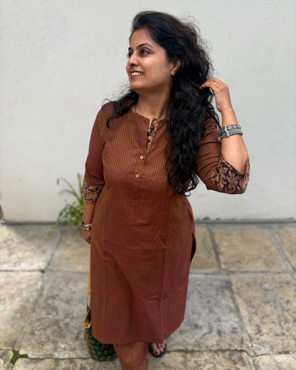 South Cotton Checks Brown Kurta Pant Set