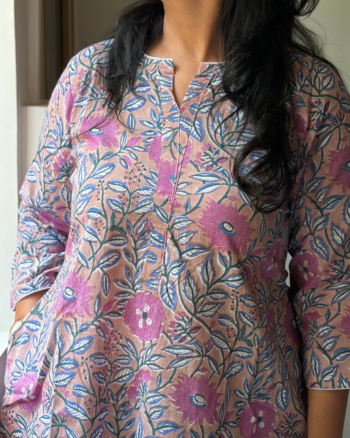 HANDBLOCK FIT & FLARE PINK NUDE KURTI FOR WOMEN