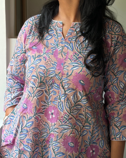 HANDBLOCK FIT & FLARE PINK NUDE KURTI FOR WOMEN