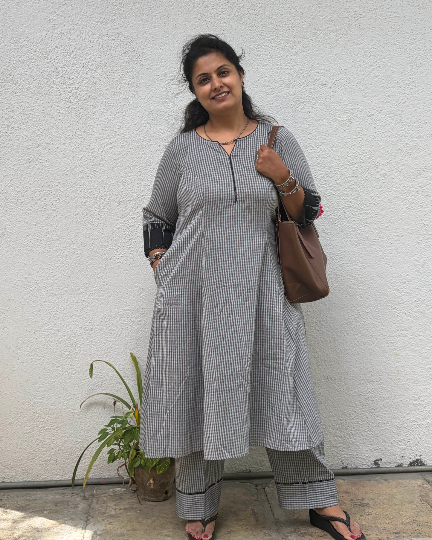 Black & grey south cotton checks kurta pant set