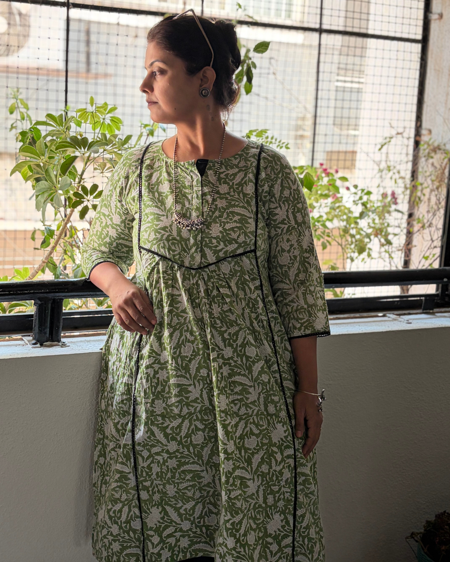 HANDBLOCK GREEN BLACK LACE KURTI