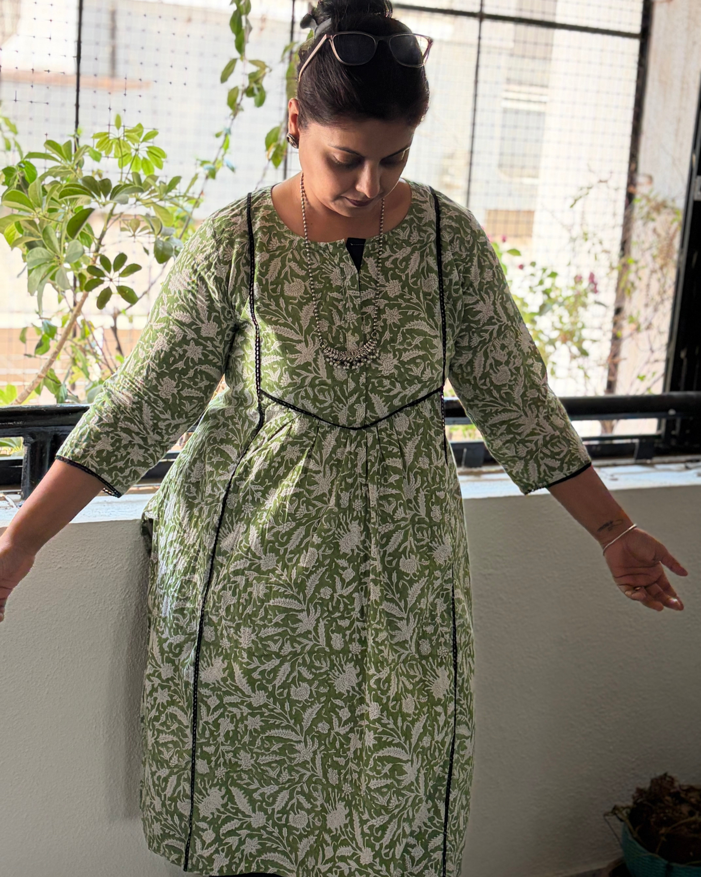 HANDBLOCK GREEN BLACK LACE KURTI