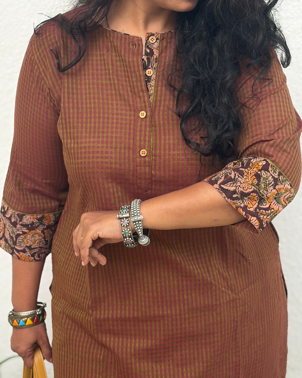 South Cotton Checks Brown Kurta Pant Set