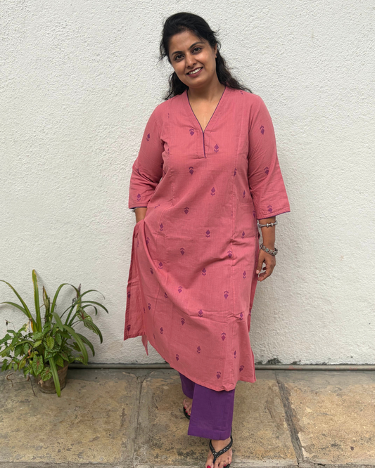 Mute Pink Purple South Cotton Kurta Pant Set