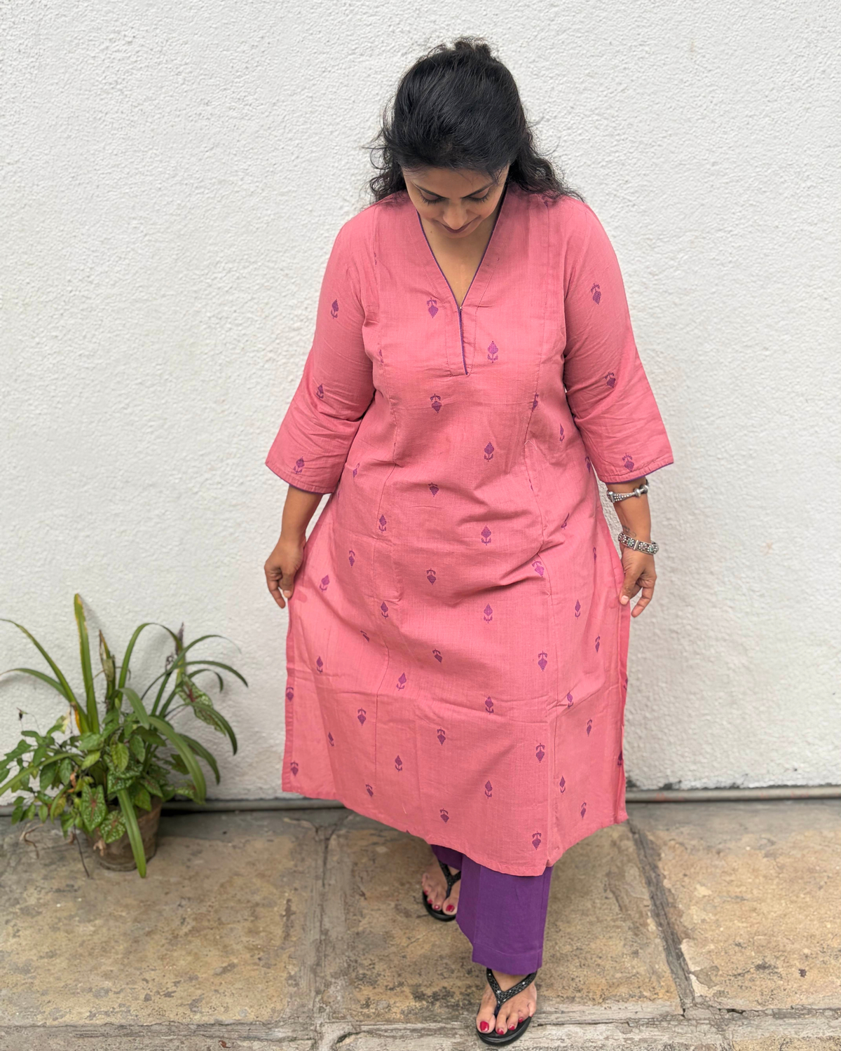 Mute Pink Purple South Cotton Kurta Pant Set