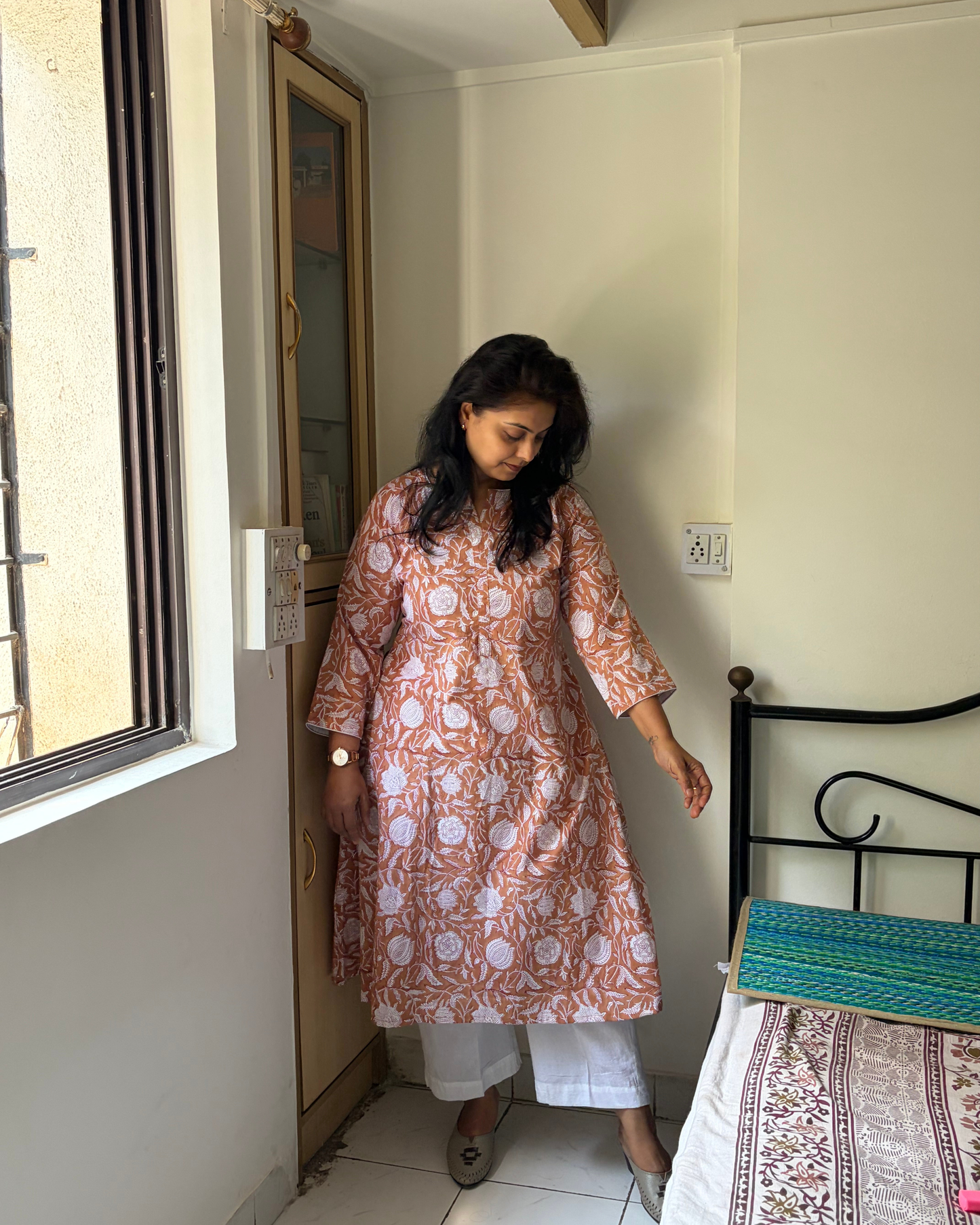 HANDBLOCK FIT & FLARE BROWN NUDE KURTI FOR WOMEN