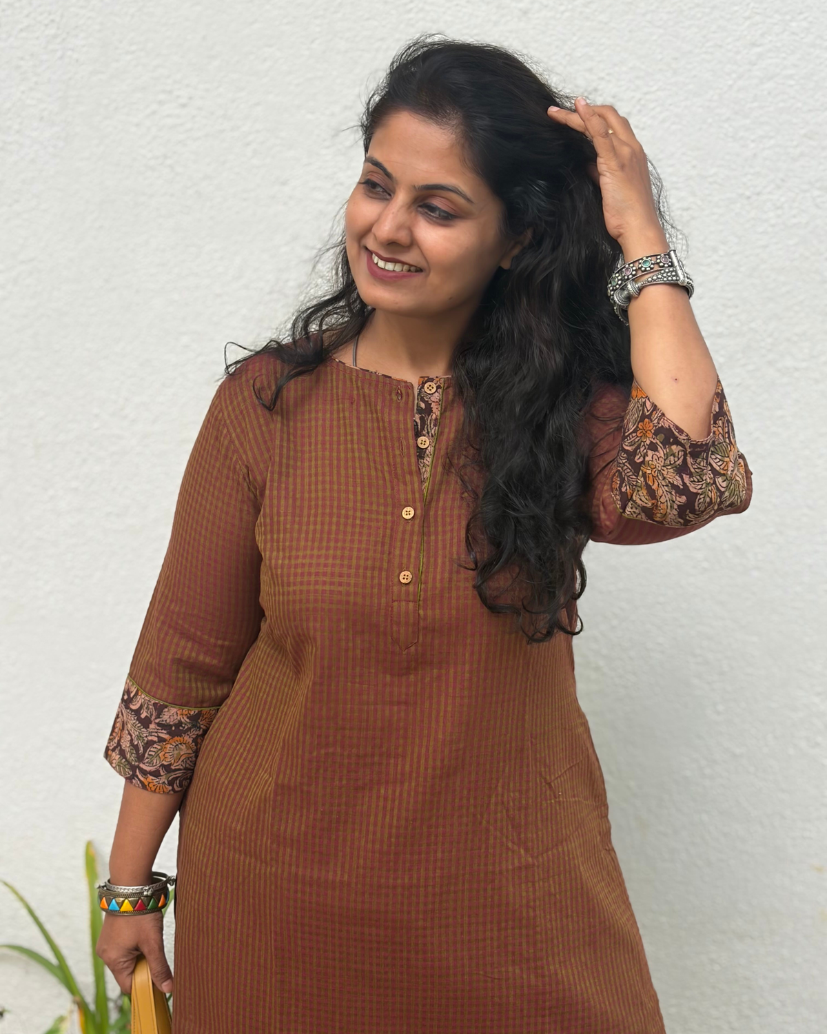 South Cotton Checks Brown Kurta Pant Set
