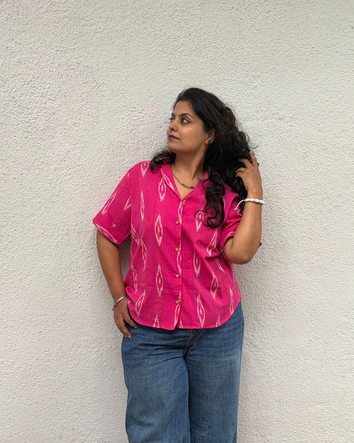 Hot Pink Ikkat Blazer Collar Shirt