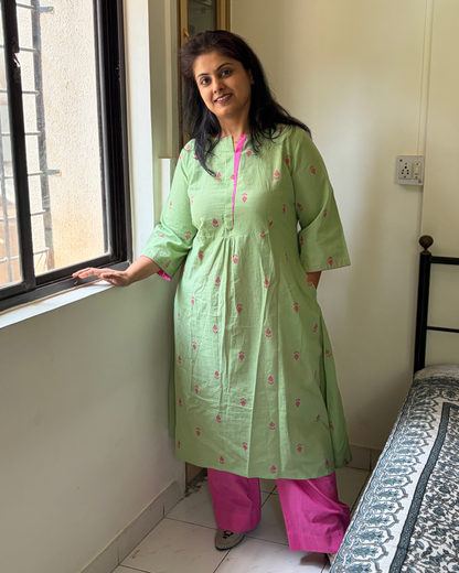 HANDLOOM PISTA PINK KURTI PANT SET
